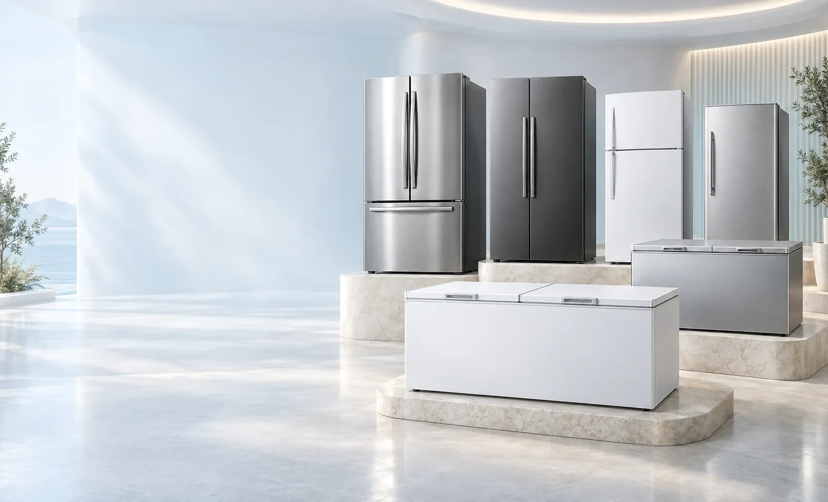 Illustrative refrigerators grouped on 3D podiums