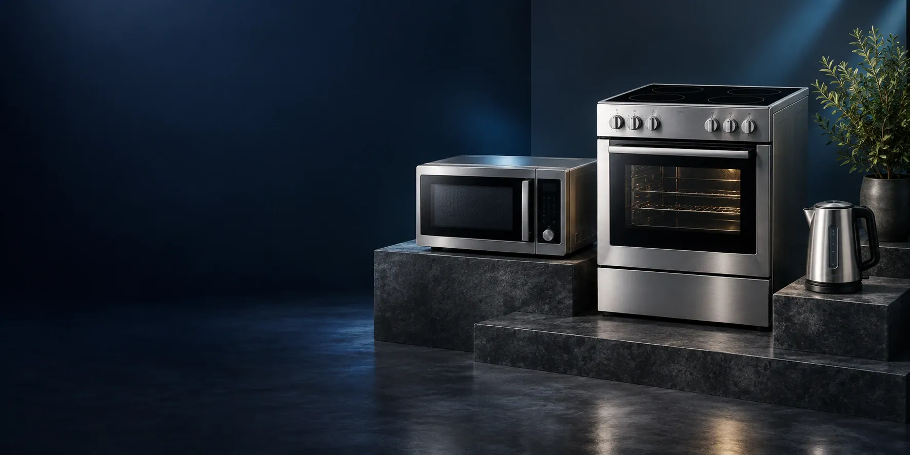 Illustrative kitchen appliances grouped on 3D podiums