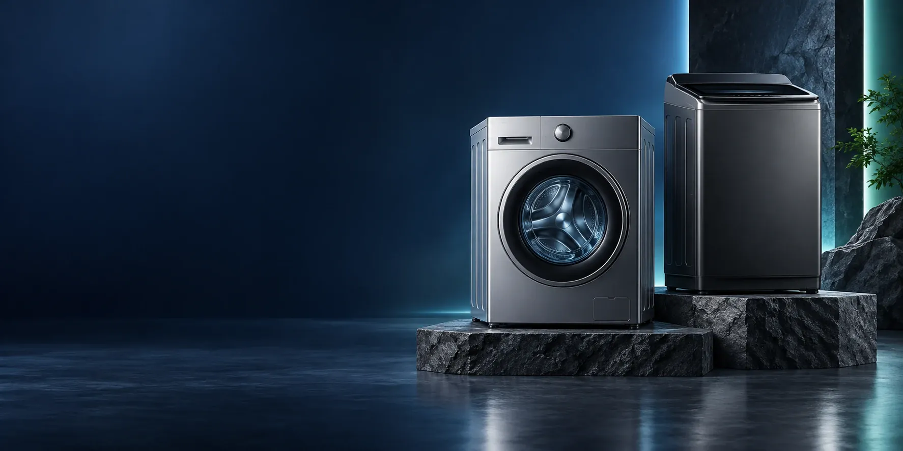 Illustrative laundry appliances grouped on 3D podiums